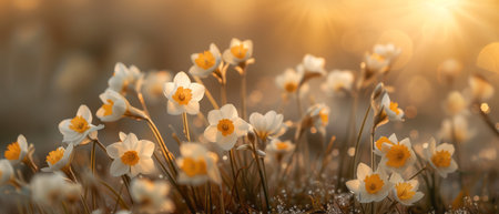 Breathtaking sunrise over blooming field of colored flowersの素材