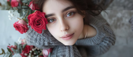 Elegant Face in Cozy Knitted Clothes Holding Bouquet of Beautiful Rosesの素材