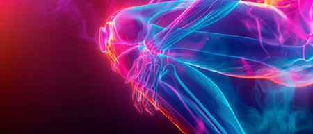 Colorful depiction of the anatomy of the human knee in neon lightの素材