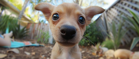 Cute puppy exploring garden, close-upの素材