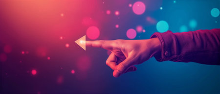 Human Hand Pointing Towards a Glowing Virtual Interface Amidst a Colorful Bokeh Backgroundの素材