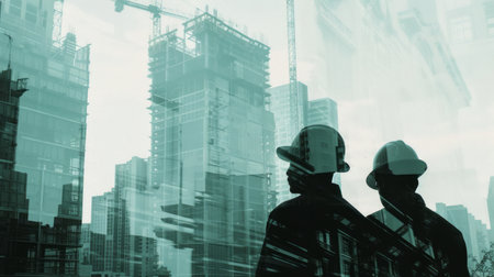 Silhouettes of builders in urban construction, artistic depiction of modern developmentの素材