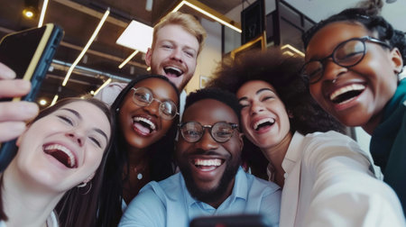 Office selfie. Friendly young biracial workers colleagues have fun at workplace shoot cute silly self picture on phoneの素材
