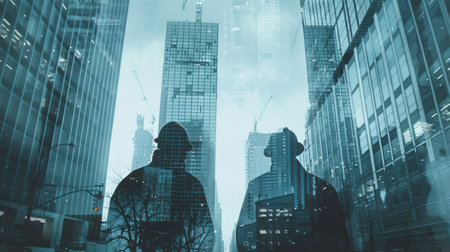 Silhouettes of builders in urban construction, artistic depiction of modern developmentの素材