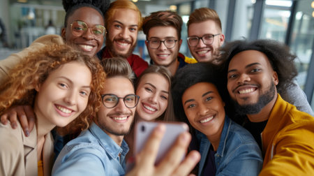 Office selfie. Friendly young biracial workers colleagues have fun at workplace shoot cute silly self picture on phoneの素材