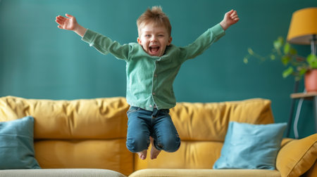 Happy vivacious adorable little boy jumping on soft couch play alone at homeの素材
