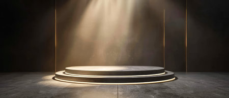 A podium stands in a dimly lit room, emanating a bright light from its surface. The light illuminates the surrounding area, casting a glow on the walls and floor.の素材