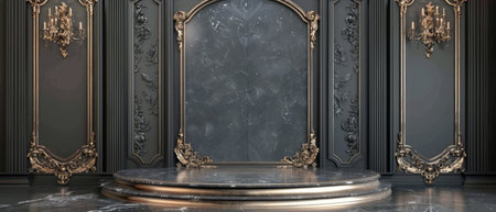 In the center of the room, a luxurious marble floor gleams under the light, leading towards a striking gold and black door. The doors intricate design contrasts beautifully with the smooth surface of the floor.の素材