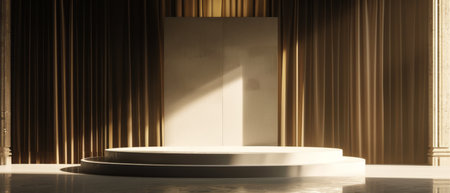 A room featuring a round table positioned centrally with a curtain-draped window in the background. The table is surrounded by chairs and the window is partially open, letting in light.の素材