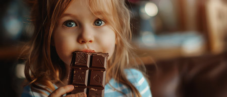A young girl is sitting while holding a piece of chocolate in her hand. She is taking a bite and enjoying the sweet treat in front of her.の素材