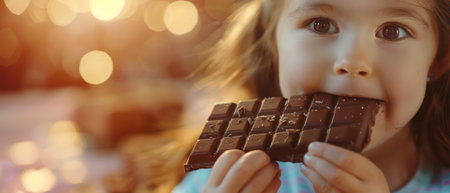 A young girl is sitting and enjoying a chocolate bar. She is holding the treat in her hands and taking bites with a look of delight on her face. Her surroundings are not specified.の素材