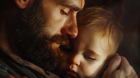 A man is standing while holding a small child in his arms. The mans face shows tenderness and care, while the child looks safe and secure in the mans embrace.の素材