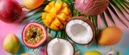 A varied assortment of colorful fresh fruits neatly arranged on top of a wooden table. The fruits include apples, bananas, oranges, grapes, and strawberries. The scene is vibrant and inviting, with the fruits showing their natural textures and colors.の素材