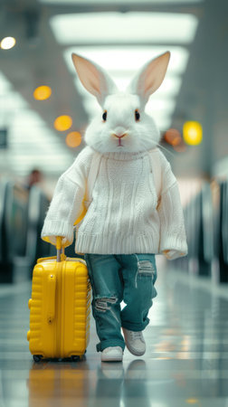 A young girl is walking down a hallway, holding a bright yellow suitcase. She seems focused and determined as she walks towards her destination.の素材