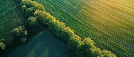 A river winds its way through a vibrant countryside filled with lush green trees, grass, and vegetation. The water glistens under the sunlight as it flows steadily downstream.の素材