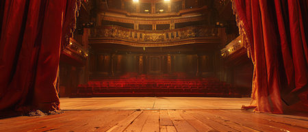 A stage devoid of performers or audience, featuring vivid red curtains and a polished wooden floor. The curtains hang closed, awaiting the next show or event to bring life to the empty space.の素材