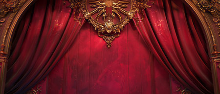 A stage adorned with a red curtain is illuminated by a golden chandelier hanging above. The grandeur of the setting enhances the theatrical ambiance.の素材