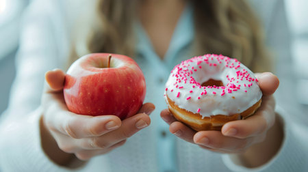 A woman is standing while holding a donut in one hand and an apple in the other. She appears to be deciding between the two different snacks.の素材