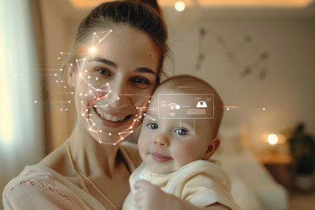 A woman stands holding a small baby in her arms, cradling the infant protectively and gazing down at it with a tender expression. The woman appears loving and nurturing as she cares for the baby.の素材