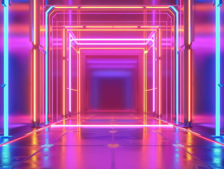 A very long hallway is illuminated with vibrant neon lights, creating a futuristic and industrial atmosphere. The lights reflect off the polished floors, casting a colorful glow across the space. The hallway seems to extend endlessly, drawing the viewers eye towards the distant vanishing point.の素材