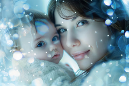 A woman tenderly cradling a small baby in her arms. The womans face shows a gentle expression as she looks down at the infant. Both are dressed in casual clothing.の素材