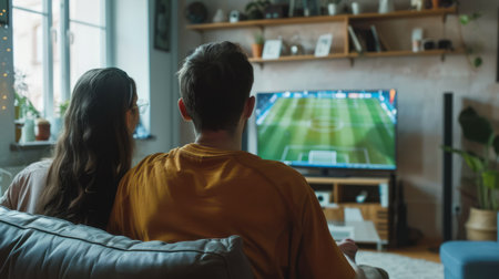 A man and a woman are seated on a couch, with a TV in front of them. They are focused on the screen, watching a program together.の素材