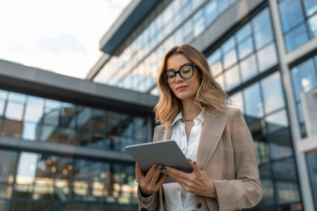 A woman wearing glasses is standing and holding a tablet device in her hands. She appears focused as she interacts with the screen, possibly reading or typing. The background is simple and unobtrusive.の素材