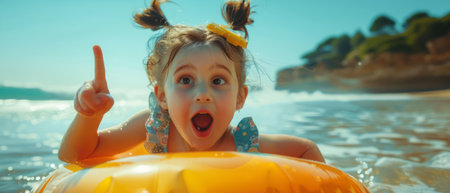 A little girl joyfully rides on top of a colorful raft as it floats in the vast ocean. The sun shines brightly overhead, casting a warm glow on the scene. The clear blue water sparkles around her, creating a sense of adventure and freedom.の素材
