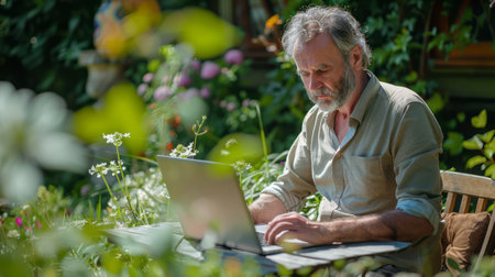 A man is seated at a table, focused on his laptop computer screen. His hands are typing on the keyboard, with a cup of coffee nearby. The room is well-lit, and the man appears to be working or studying.の素材
