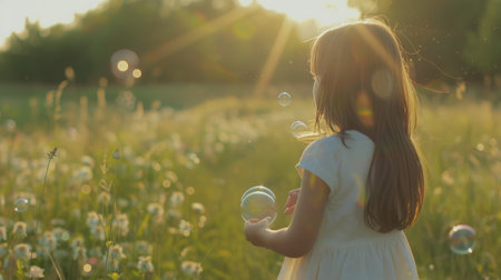 A young female child is standing in a grassy field, blowing bubbles with a small wand. The bubbles float gently in the air around her, reflecting the sunlight. She seems joyful and engaged in the simple activity.の素材