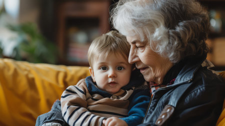 An older woman is sitting on a couch, holding a small child in her arms. The woman and child are both looking towards the camera, with a warm and caring expression on their faces. The setting appears to be a cozy living room with soft lighting.の素材