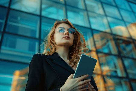 A professional woman in a tailored suit and sunglasses confidently holds a tablet device outdoors. She appears focused and engaged in her work, showcasing a modern business aesthetic.の素材