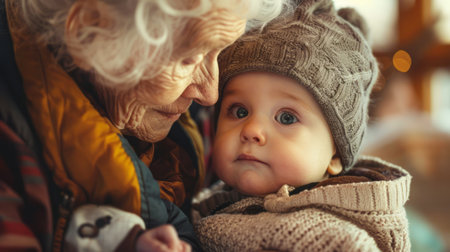 An older woman is holding a baby in her arms. The woman looks at the baby with a gentle expression, while the baby appears content and safe in her grasp.の素材