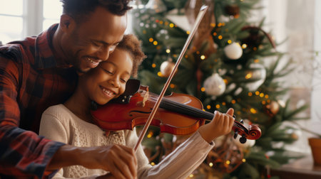A man and a little girl are playing a violin together. The mans fingers press the strings while the girl holds the bow. They focus intently on the music they are creating, their expressions showing concentration and joy.の素材