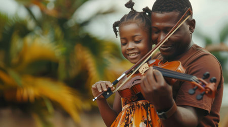 A man and a little girl are seen playing a violin together. Both are focused on the music, sharing a harmonious moment. The man guides the little girls hand on the strings, creating a beautiful melody.の素材