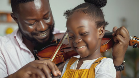 A man in a suit sits playing a violin while a little girl in a dress watches intently, their faces focused on the music being created. The man's fingers move skillfully on the strings, producing beautiful melodies that fill the room.の素材