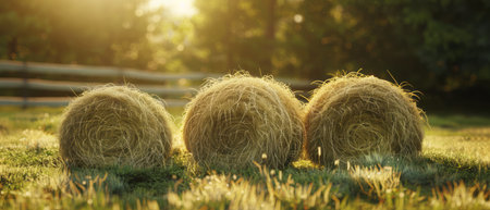 Three large rectangular bales of hay are positioned in the center of a vast field. The golden-yellow hay stands out against the green grass, under a clear blue sky.の素材