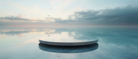 A circular object is seen floating in the center of a body of water. The object appears to be stationary and is surrounded by rippling water.の素材