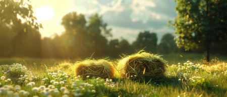 Two large hay bales are placed side by side in a vast field of green grass under the clear blue sky.の素材