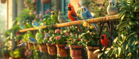 Several birds are perched on a row of potted plants, with varying sizes and colors of pots. The birds appear to be resting or observing their surroundings.の素材