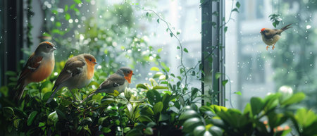 A group of birds, varying in species, are perched on top of a vibrant, lush green plant. They seem to be resting or searching for food in their natural habitat, creating a picturesque scene of wildlife in action.の素材
