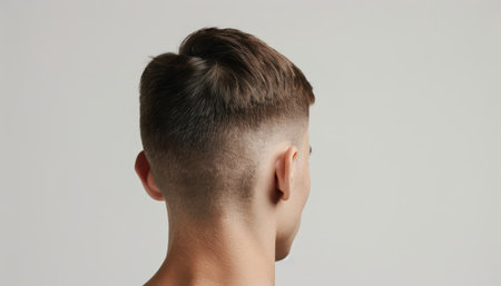 A man with a top knot undercut hairstyle is standing outdoors. His hair is styled with a shaved undercut on the sides and a long top knot on the crown of his head.の素材