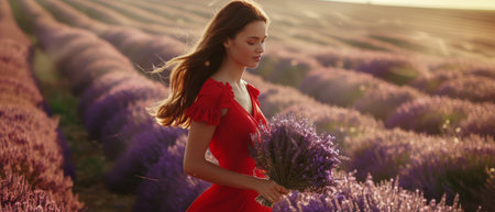 A woman wearing a vibrant red dress is standing amidst a field of fragrant lavender. The contrast between the bold red outfit and the purple blooms creates a striking visual. The woman is stationary, looking out towards the horizon, surrounded by the lush lavender plants.の素材