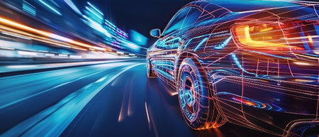 A car is seen driving down a city street at night, illuminated by the glowing streetlights and headlights. The city skyline and buildings can be faintly seen in the background.の素材