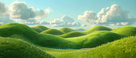 This painting depicts lush green hills rolling under a cloudy sky. The hills are vibrant and full of life, contrasting with the soft, billowy clouds above.の素材