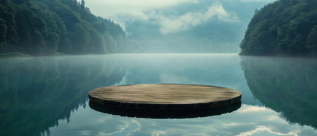 A wooden dock is seen floating in the center of a serene lake surrounded by calm waters. The dock appears sturdy, providing a platform for boats to moor or people to fish from.の素材