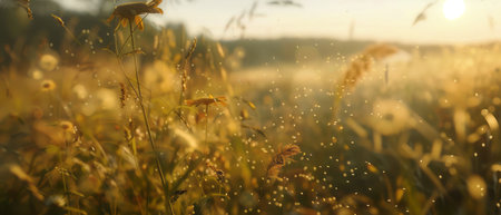 A vast field of grass is covered with tiny droplets of dew, reflecting the first light of the morning sun. The grass blades appear fresh and vibrant, with the dew enhancing their green color.の素材