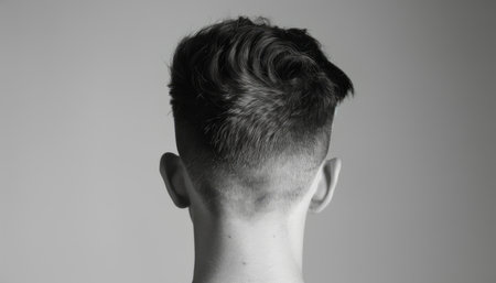 The back of a mans head is shown with a distinctively shaved pattern on the nape. The hair is neatly cut and styled, with clean lines visible.の素材
