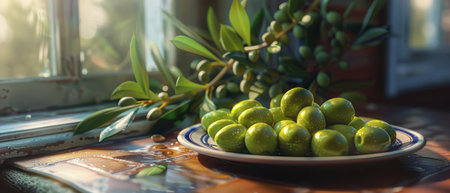 A plate filled with various shades of green fruit is neatly arranged on a wooden table, showing a bountiful display of healthy and nutritious snacks.の素材