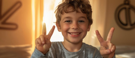 A young boy with short hair and a t-shirt making a peace sign with his fingers. He is smiling and standing in front of a plain background.の素材